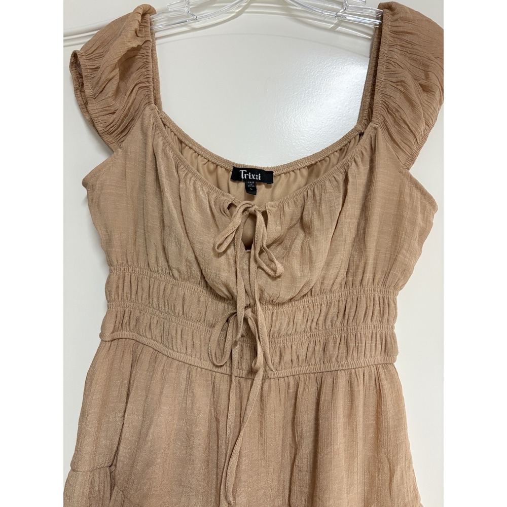 Trixxi Mini Dress Sz L Tan Ruffled Tiers Short Sleeve Flirty Coquette Y2k Party - Picture 5 of 14